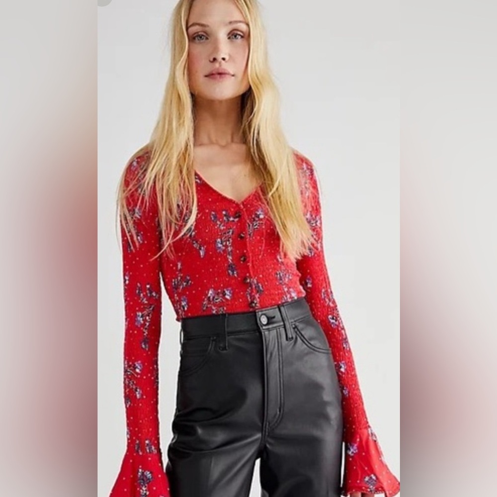 Free People Red Floral Blouse